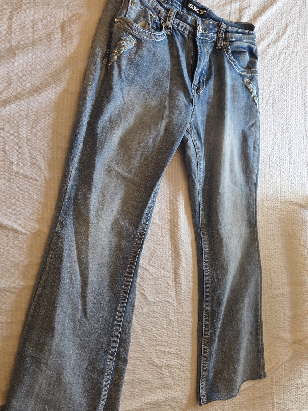 Sky Light Blue Boot Cut Jeans with Red Heart Embellished Back Pockets Size 11/12 - Picture 9 of 13
